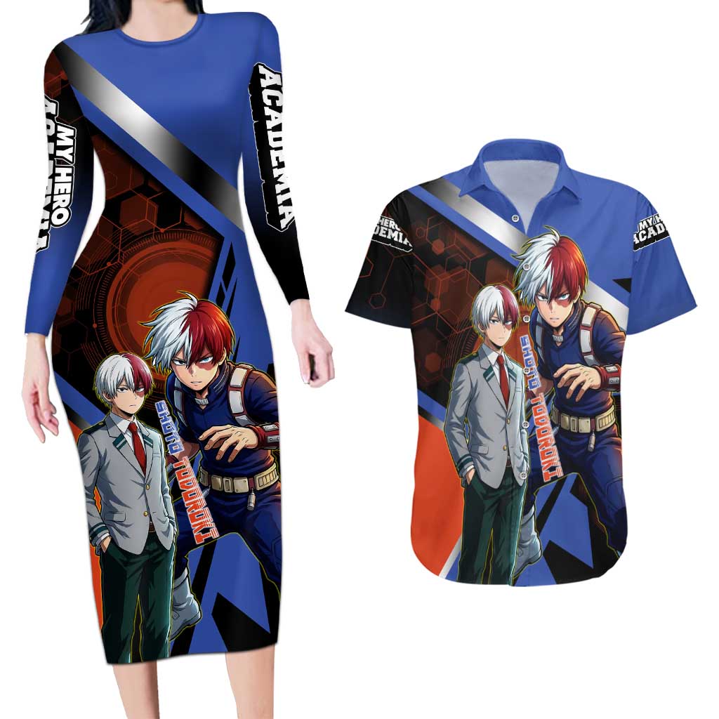 Shoto Todoroki Couples Matching Long Sleeve Bodycon Dress and Hawaiian Shirt Split Fire and Ice Anime Illustration with Elemental Energy Effects