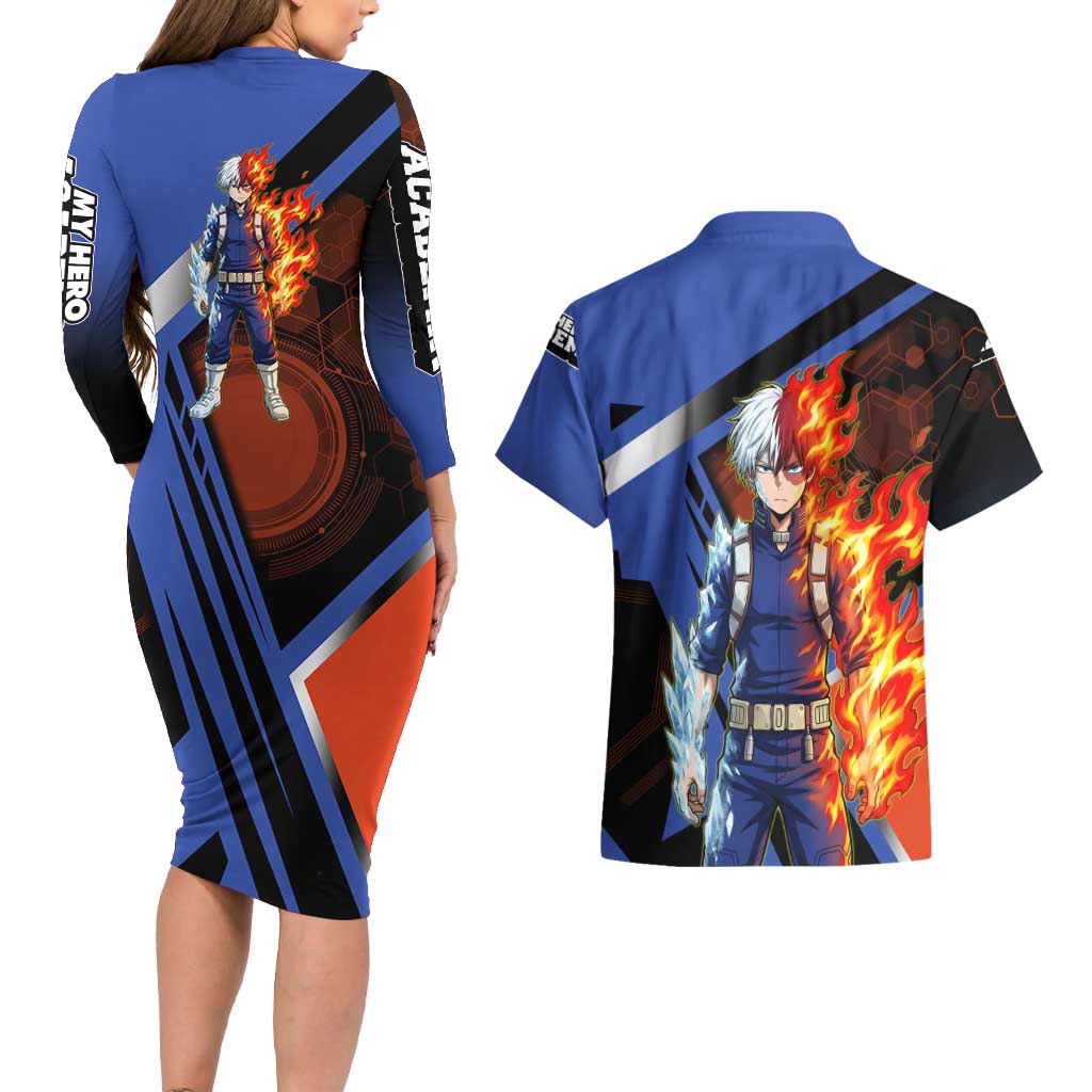 Shoto Todoroki Couples Matching Long Sleeve Bodycon Dress and Hawaiian Shirt Split Fire and Ice Anime Illustration with Elemental Energy Effects