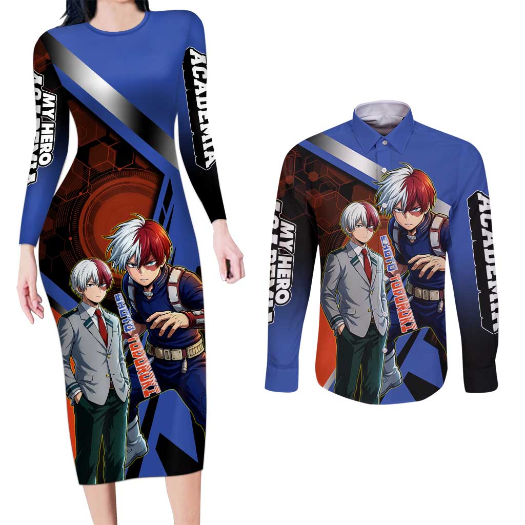 Shoto Todoroki Couples Matching Long Sleeve Bodycon Dress and Long Sleeve Button Shirt Split Fire and Ice Anime Illustration with Elemental Energy Effects
