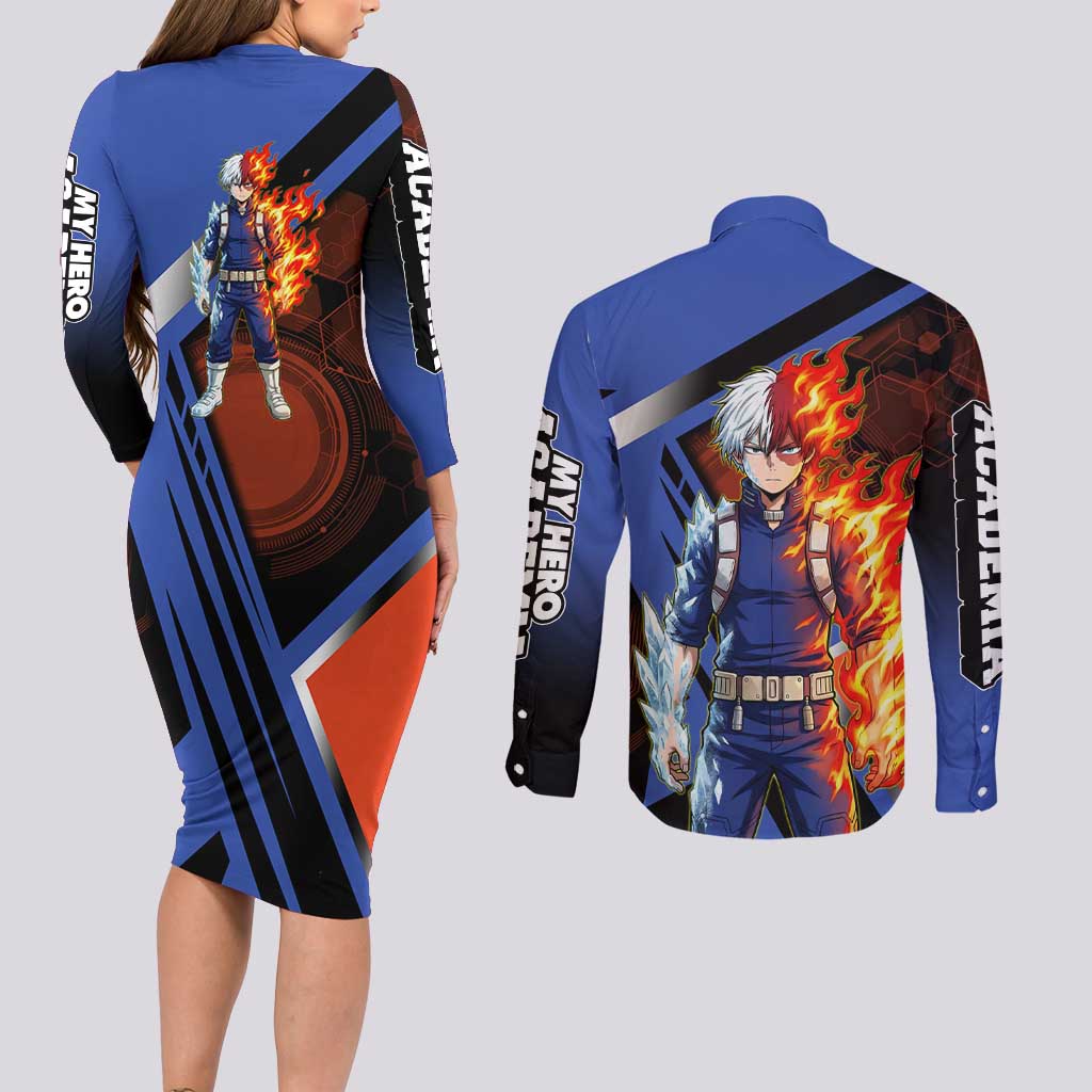 Shoto Todoroki Couples Matching Long Sleeve Bodycon Dress and Long Sleeve Button Shirt Split Fire and Ice Anime Illustration with Elemental Energy Effects