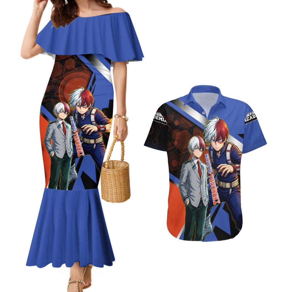 Shoto Todoroki Couples Matching Mermaid Dress and Hawaiian Shirt Split Fire and Ice Anime Illustration with Elemental Energy Effects