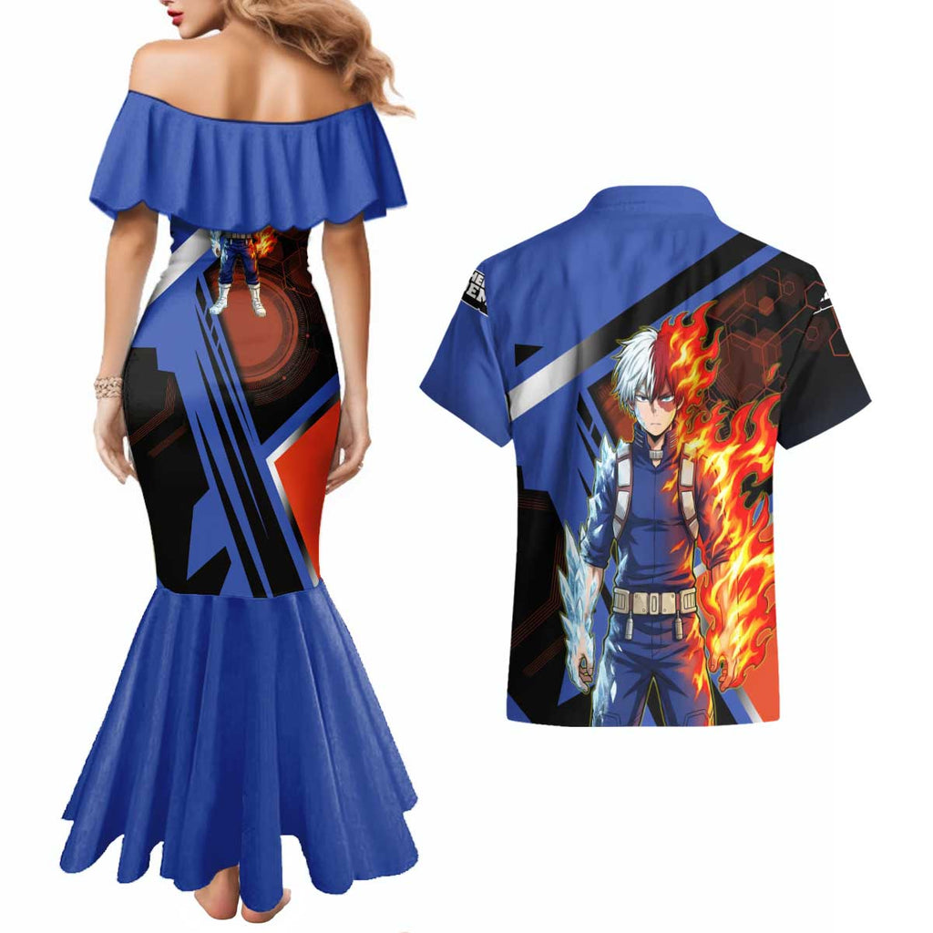 Shoto Todoroki Couples Matching Mermaid Dress and Hawaiian Shirt Split Fire and Ice Anime Illustration with Elemental Energy Effects
