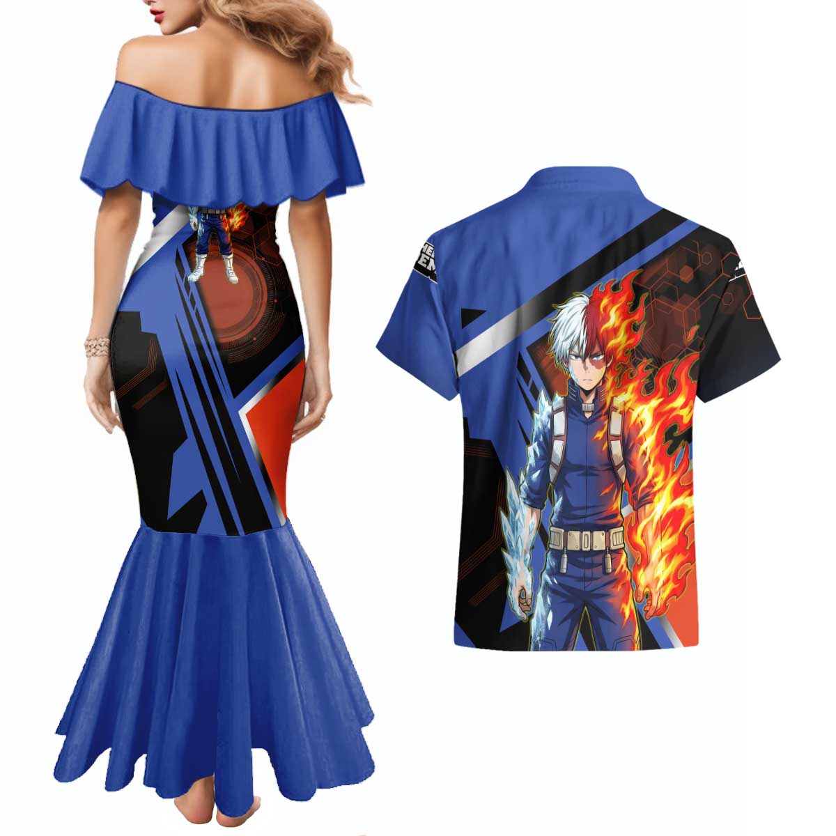 Shoto Todoroki Couples Matching Mermaid Dress and Hawaiian Shirt Split Fire and Ice Anime Illustration with Elemental Energy Effects