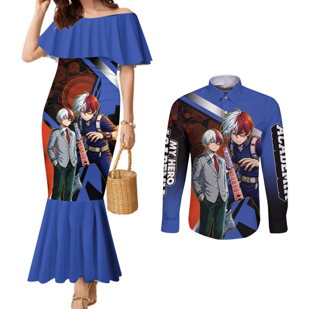 Shoto Todoroki Couples Matching Mermaid Dress and Long Sleeve Button Shirt Split Fire and Ice Anime Illustration with Elemental Energy Effects