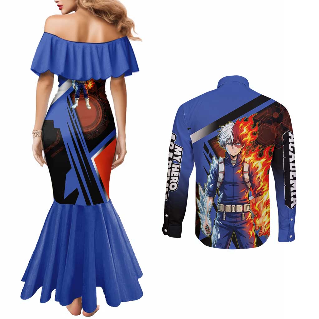 Shoto Todoroki Couples Matching Mermaid Dress and Long Sleeve Button Shirt Split Fire and Ice Anime Illustration with Elemental Energy Effects