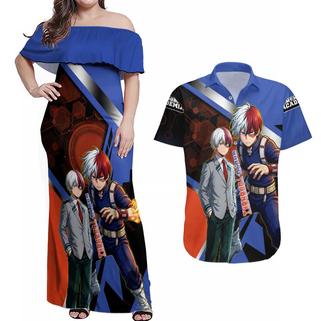 Shoto Todoroki Couples Matching Off Shoulder Maxi Dress and Hawaiian Shirt Split Fire and Ice Anime Illustration with Elemental Energy Effects