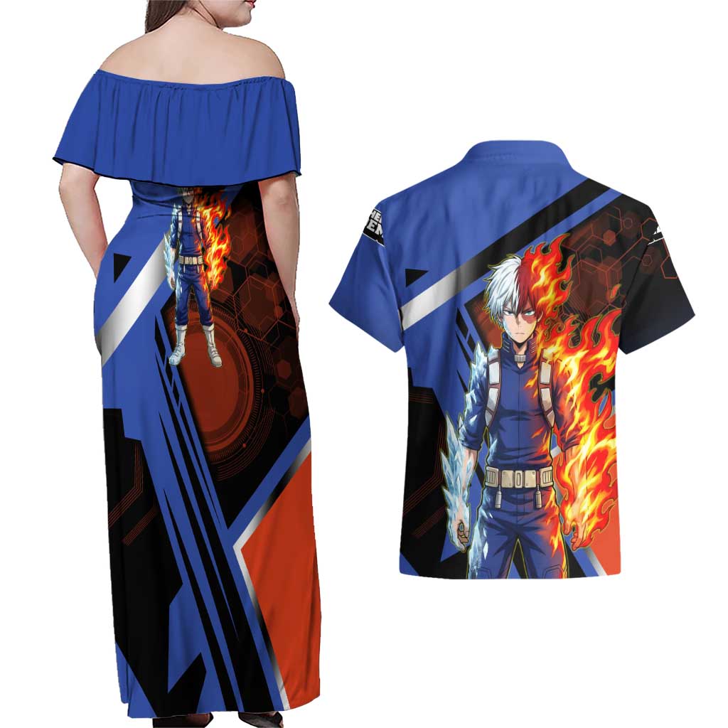 Shoto Todoroki Couples Matching Off Shoulder Maxi Dress and Hawaiian Shirt Split Fire and Ice Anime Illustration with Elemental Energy Effects