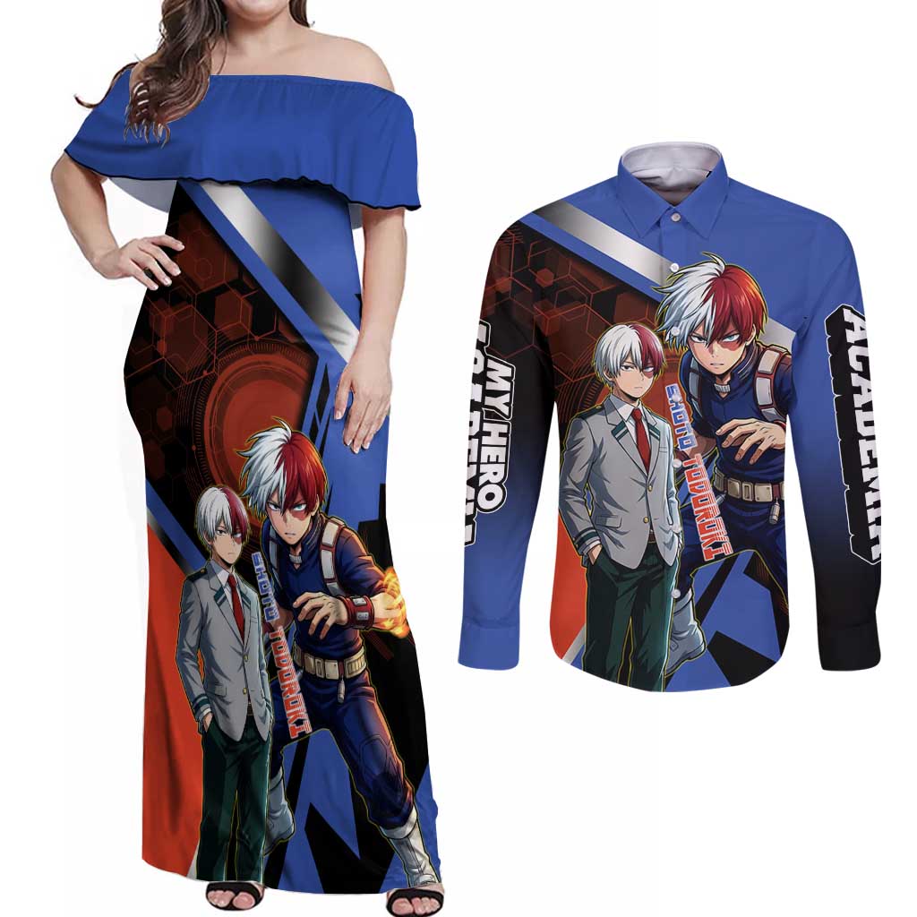 Shoto Todoroki Couples Matching Off Shoulder Maxi Dress and Long Sleeve Button Shirt Split Fire and Ice Anime Illustration with Elemental Energy Effects
