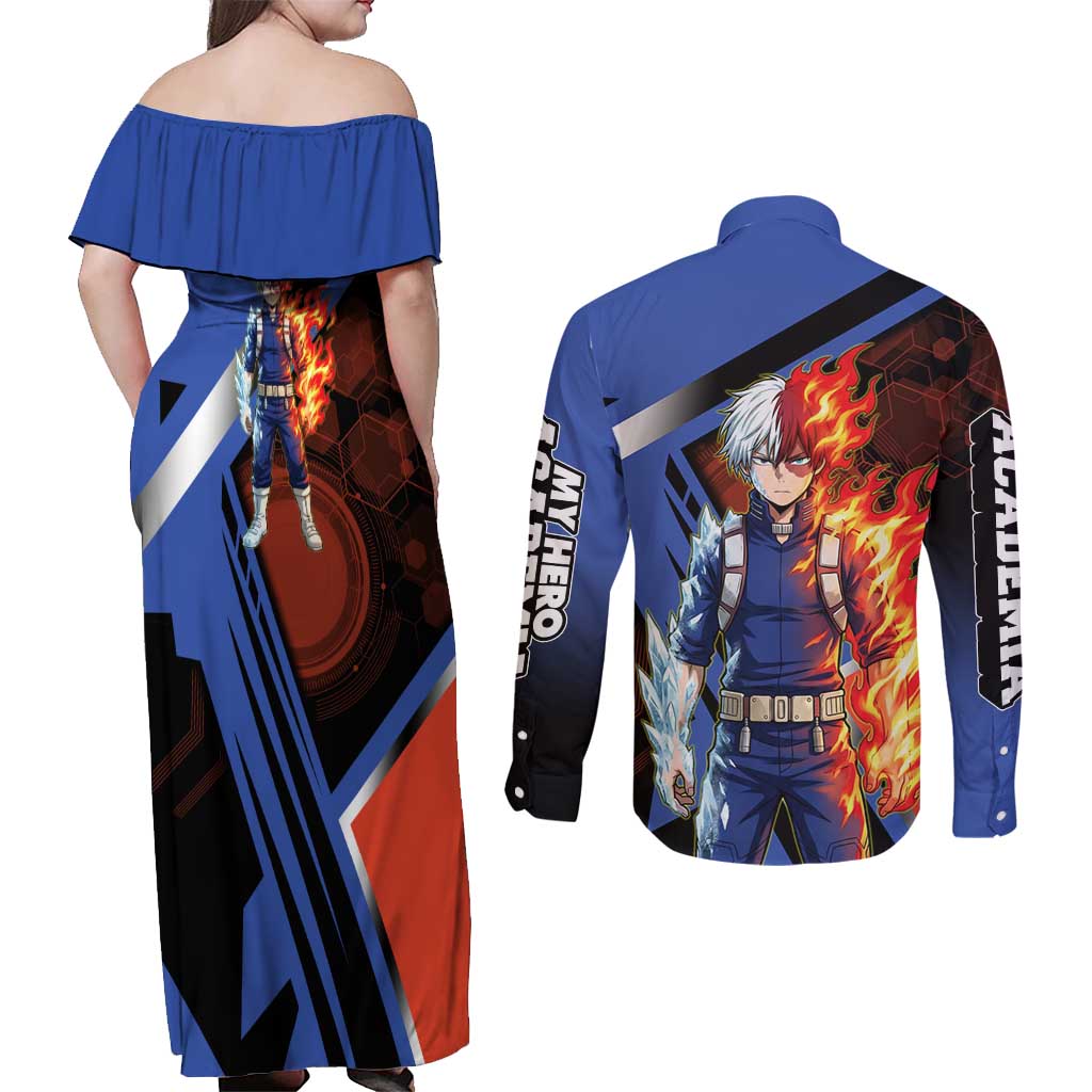Shoto Todoroki Couples Matching Off Shoulder Maxi Dress and Long Sleeve Button Shirt Split Fire and Ice Anime Illustration with Elemental Energy Effects