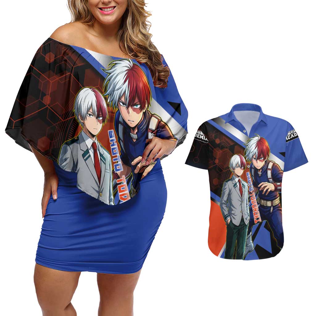 Shoto Todoroki Couples Matching Off Shoulder Short Dress and Hawaiian Shirt Split Fire and Ice Anime Illustration with Elemental Energy Effects