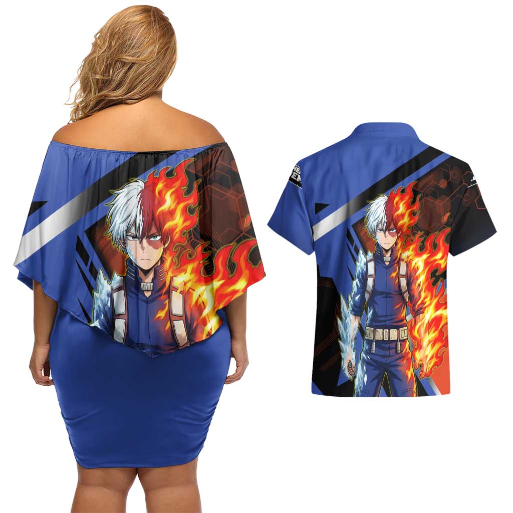Shoto Todoroki Couples Matching Off Shoulder Short Dress and Hawaiian Shirt Split Fire and Ice Anime Illustration with Elemental Energy Effects