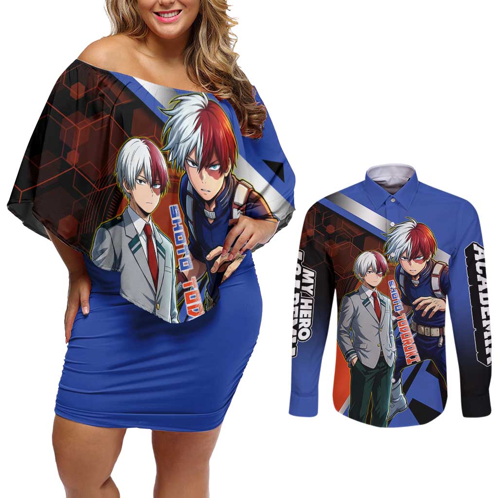 Shoto Todoroki Couples Matching Off Shoulder Short Dress and Long Sleeve Button Shirt Split Fire and Ice Anime Illustration with Elemental Energy Effects