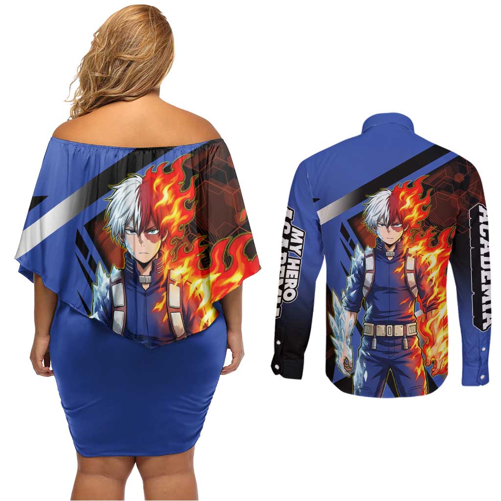 Shoto Todoroki Couples Matching Off Shoulder Short Dress and Long Sleeve Button Shirt Split Fire and Ice Anime Illustration with Elemental Energy Effects