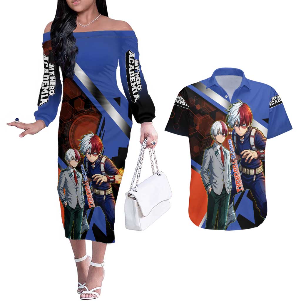 Shoto Todoroki Couples Matching Off The Shoulder Long Sleeve Dress and Hawaiian Shirt Split Fire and Ice Anime Illustration with Elemental Energy Effects