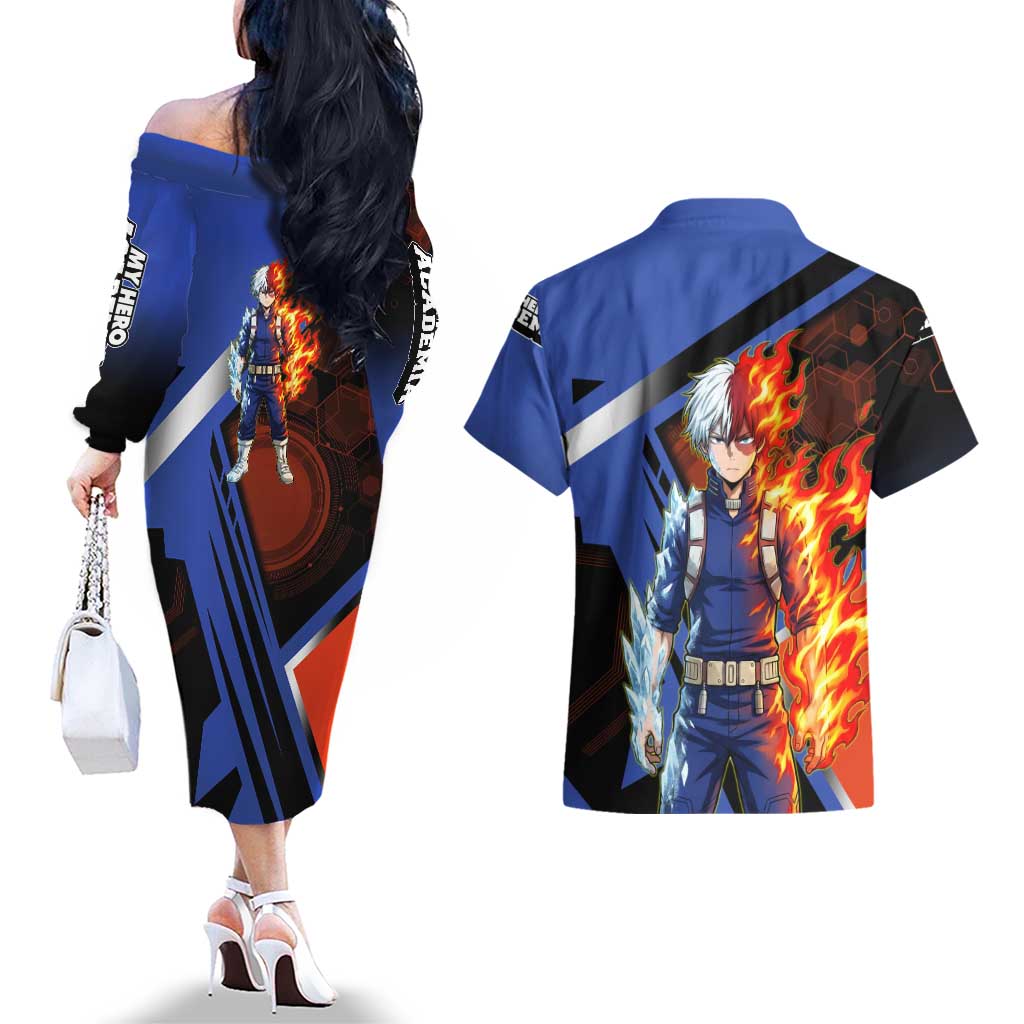 Shoto Todoroki Couples Matching Off The Shoulder Long Sleeve Dress and Hawaiian Shirt Split Fire and Ice Anime Illustration with Elemental Energy Effects