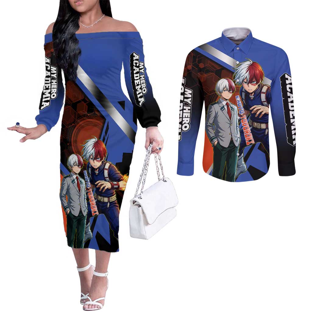 Shoto Todoroki Couples Matching Off The Shoulder Long Sleeve Dress and Long Sleeve Button Shirt Split Fire and Ice Anime Illustration with Elemental Energy Effects
