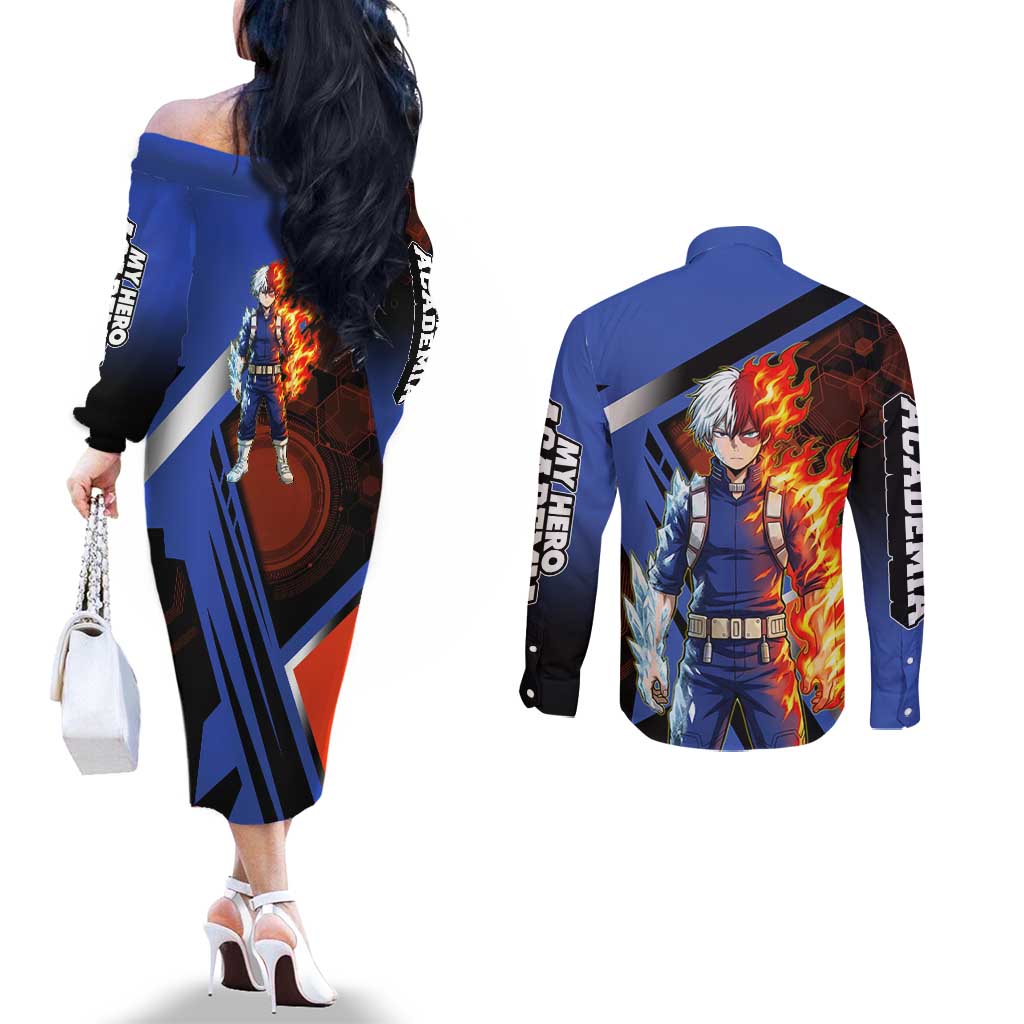 Shoto Todoroki Couples Matching Off The Shoulder Long Sleeve Dress and Long Sleeve Button Shirt Split Fire and Ice Anime Illustration with Elemental Energy Effects