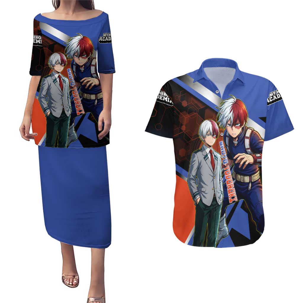 Shoto Todoroki Couples Matching Puletasi and Hawaiian Shirt Split Fire and Ice Anime Illustration with Elemental Energy Effects