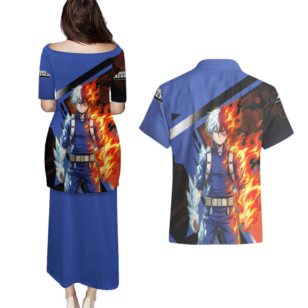 Shoto Todoroki Couples Matching Puletasi and Hawaiian Shirt Split Fire and Ice Anime Illustration with Elemental Energy Effects