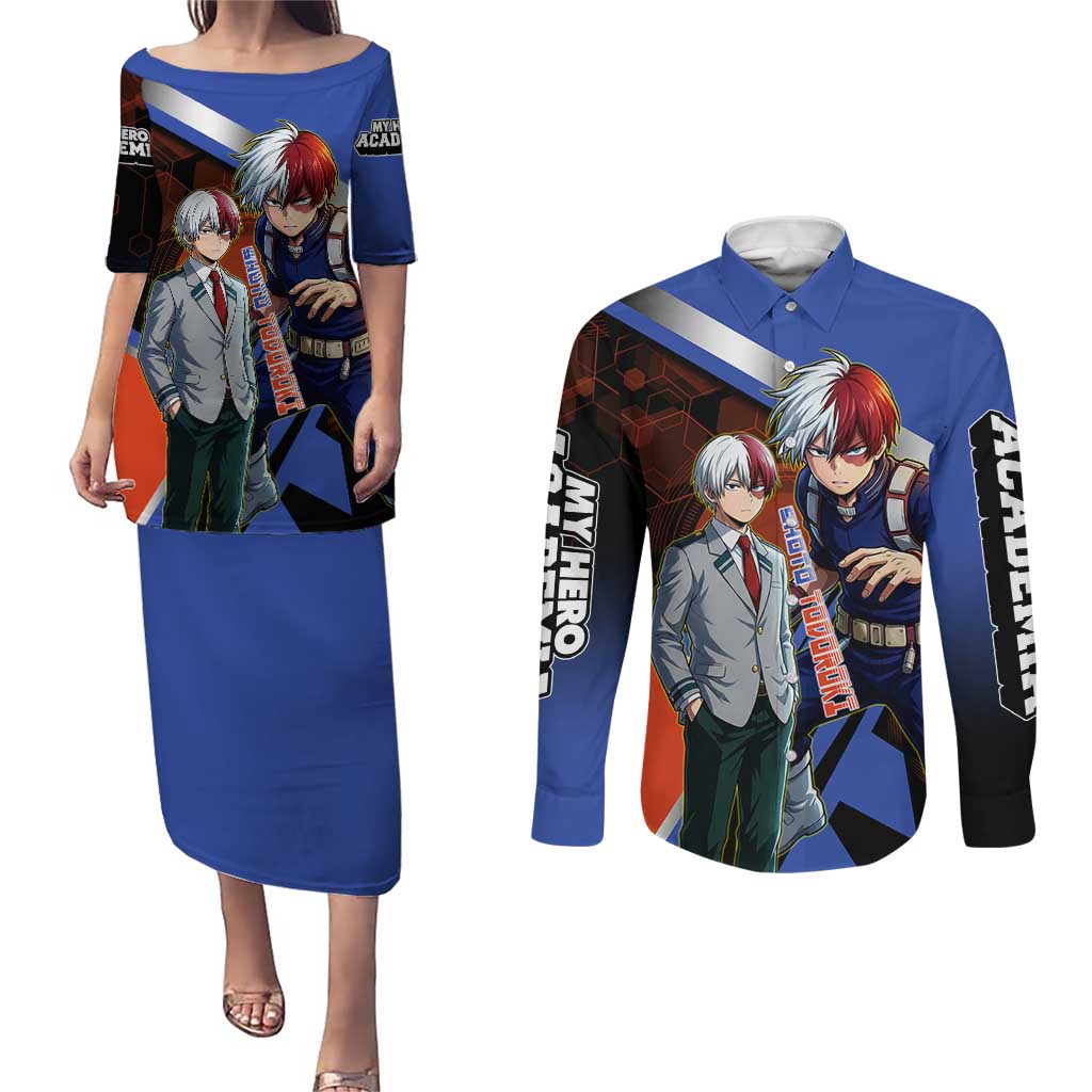 Shoto Todoroki Couples Matching Puletasi and Long Sleeve Button Shirt Split Fire and Ice Anime Illustration with Elemental Energy Effects