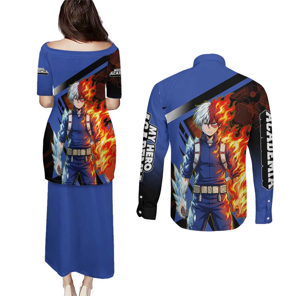 Shoto Todoroki Couples Matching Puletasi and Long Sleeve Button Shirt Split Fire and Ice Anime Illustration with Elemental Energy Effects