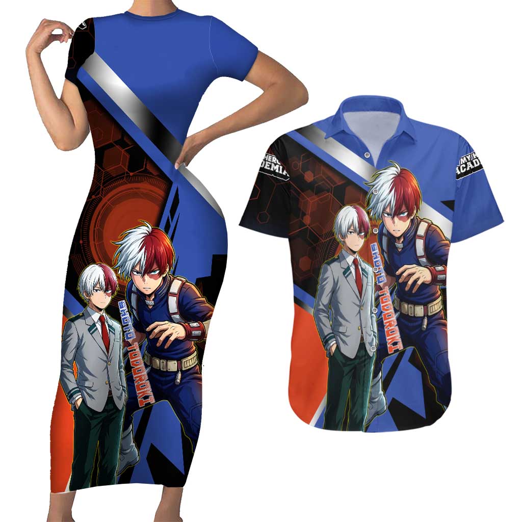Shoto Todoroki Couples Matching Short Sleeve Bodycon Dress and Hawaiian Shirt Split Fire and Ice Anime Illustration with Elemental Energy Effects