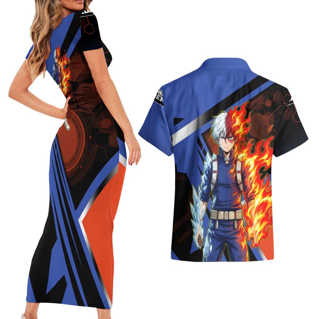 Shoto Todoroki Couples Matching Short Sleeve Bodycon Dress and Hawaiian Shirt Split Fire and Ice Anime Illustration with Elemental Energy Effects