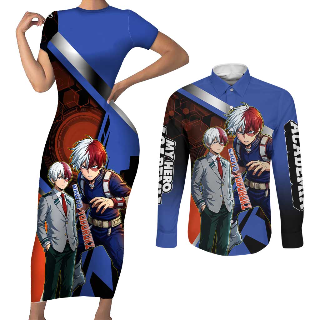 Shoto Todoroki Couples Matching Short Sleeve Bodycon Dress and Long Sleeve Button Shirt Split Fire and Ice Anime Illustration with Elemental Energy Effects