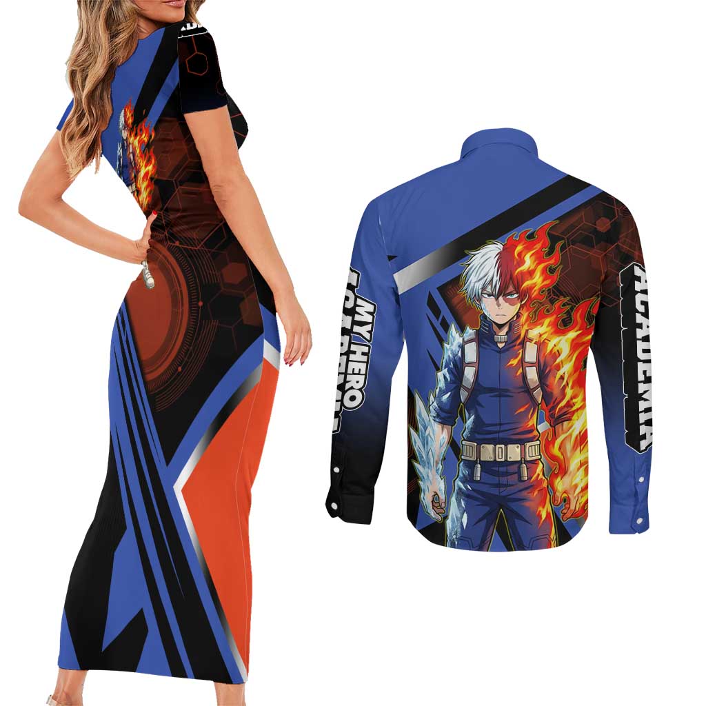 Shoto Todoroki Couples Matching Short Sleeve Bodycon Dress and Long Sleeve Button Shirt Split Fire and Ice Anime Illustration with Elemental Energy Effects