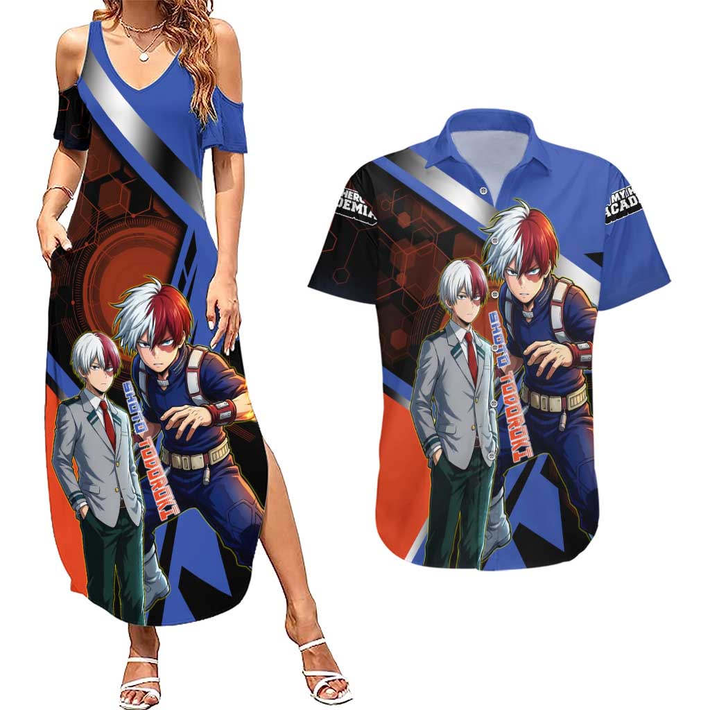 Shoto Todoroki Couples Matching Summer Maxi Dress and Hawaiian Shirt Split Fire and Ice Anime Illustration with Elemental Energy Effects