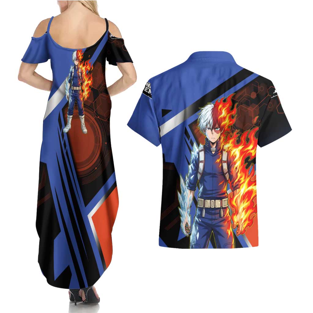 Shoto Todoroki Couples Matching Summer Maxi Dress and Hawaiian Shirt Split Fire and Ice Anime Illustration with Elemental Energy Effects