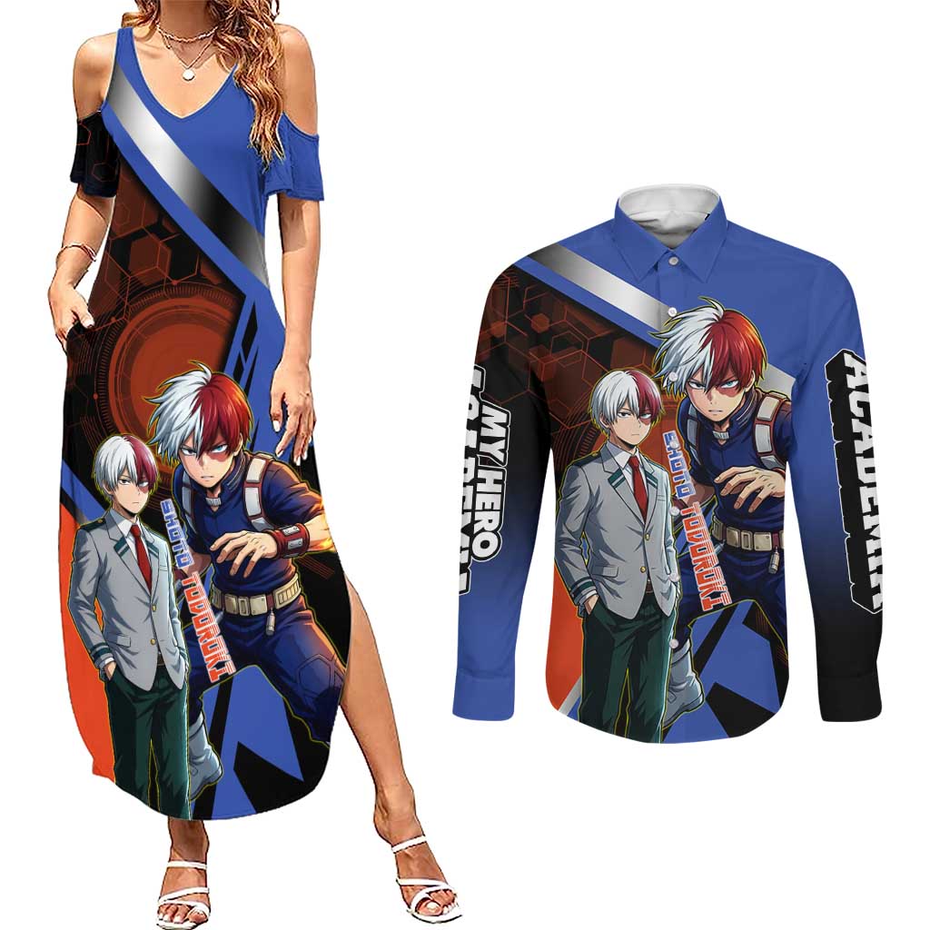 Shoto Todoroki Couples Matching Summer Maxi Dress and Long Sleeve Button Shirt Split Fire and Ice Anime Illustration with Elemental Energy Effects