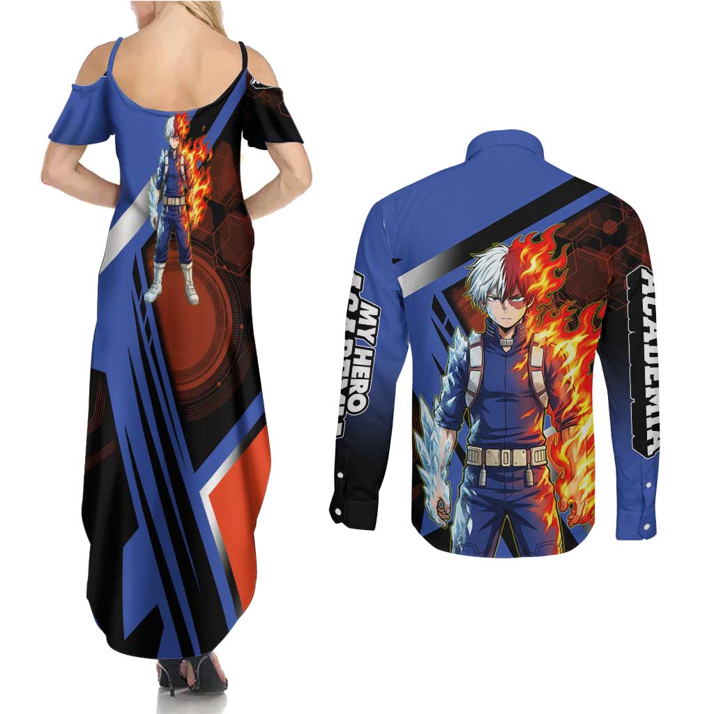 Shoto Todoroki Couples Matching Summer Maxi Dress and Long Sleeve Button Shirt Split Fire and Ice Anime Illustration with Elemental Energy Effects