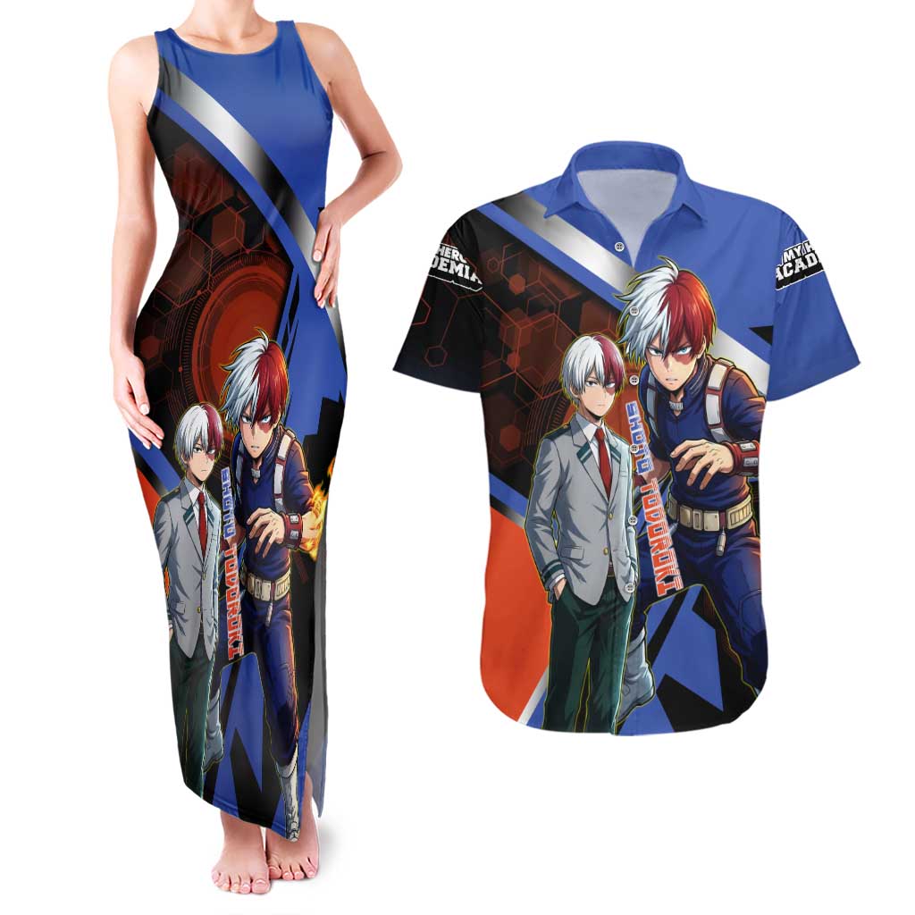 Shoto Todoroki Couples Matching Tank Maxi Dress and Hawaiian Shirt Split Fire and Ice Anime Illustration with Elemental Energy Effects