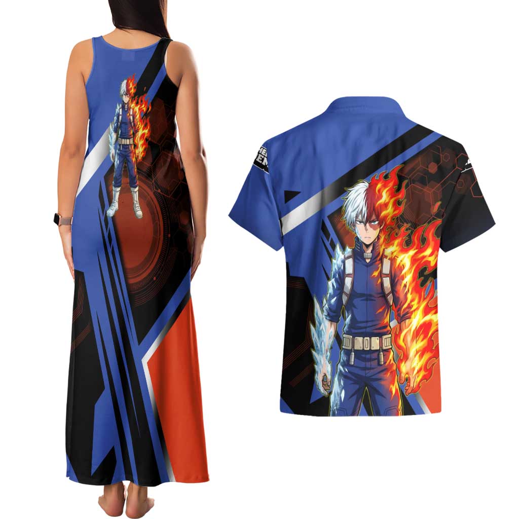 Shoto Todoroki Couples Matching Tank Maxi Dress and Hawaiian Shirt Split Fire and Ice Anime Illustration with Elemental Energy Effects