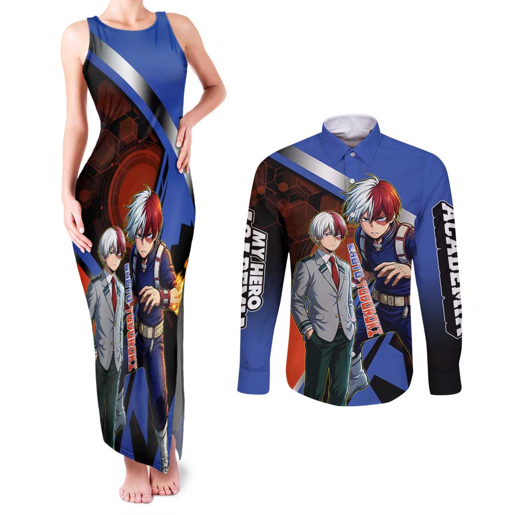 Shoto Todoroki Couples Matching Tank Maxi Dress and Long Sleeve Button Shirt Split Fire and Ice Anime Illustration with Elemental Energy Effects