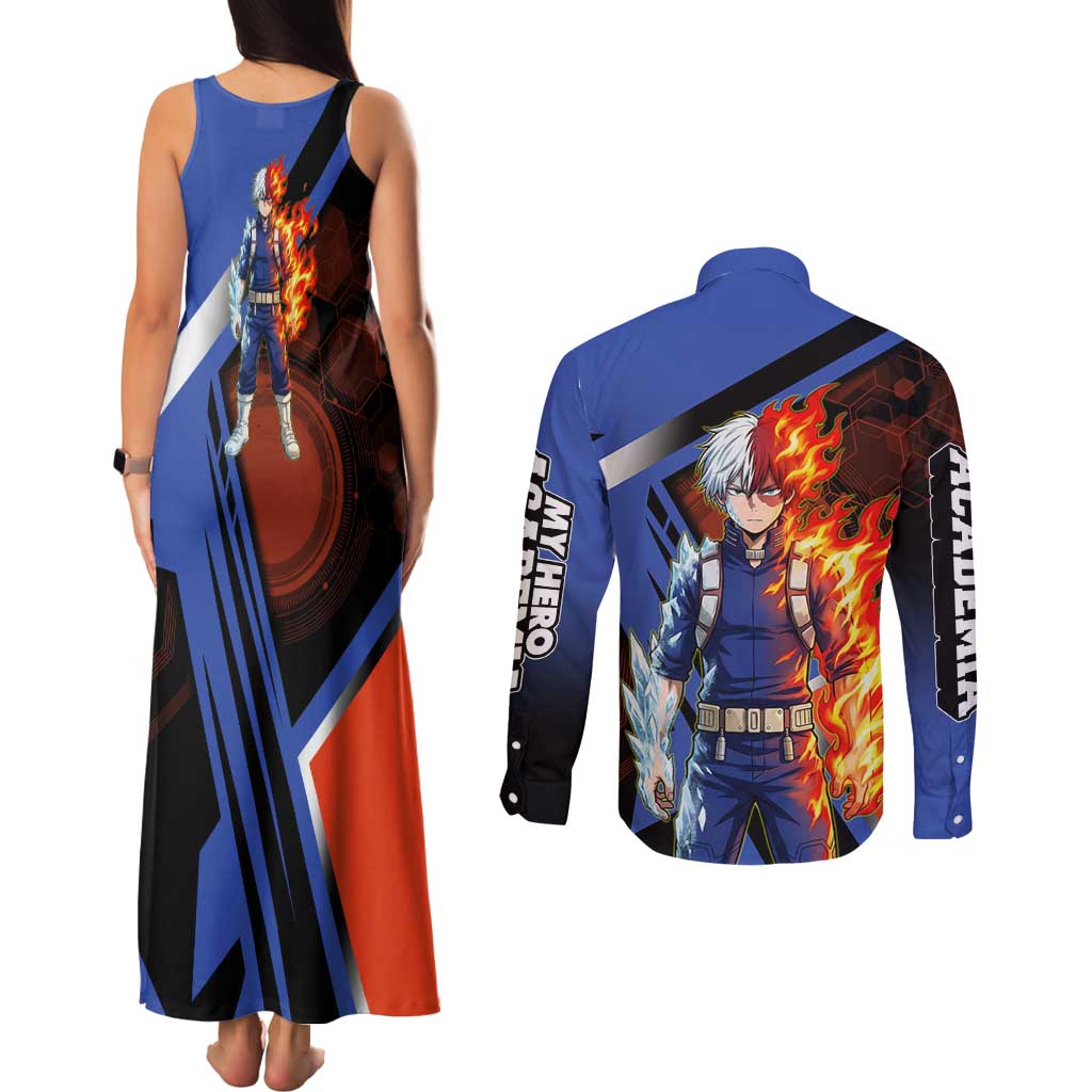 Shoto Todoroki Couples Matching Tank Maxi Dress and Long Sleeve Button Shirt Split Fire and Ice Anime Illustration with Elemental Energy Effects