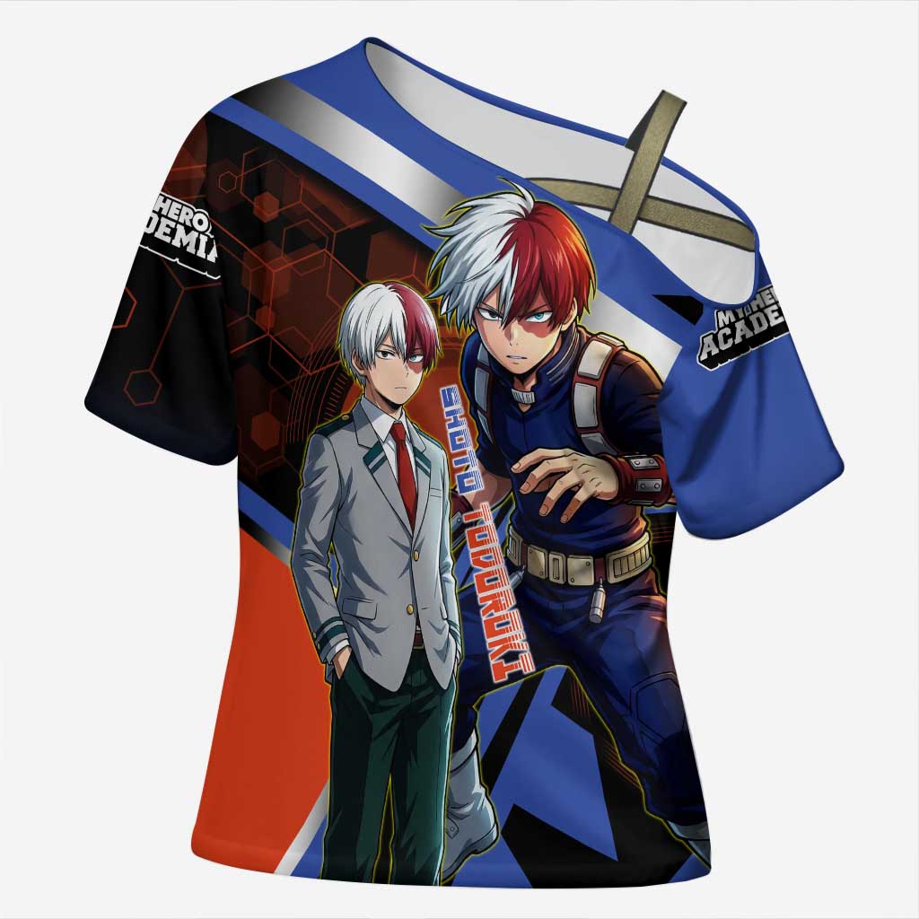 Shoto Todoroki Cross Shoulder Shirt Split Fire and Ice Anime Illustration with Elemental Energy Effects
