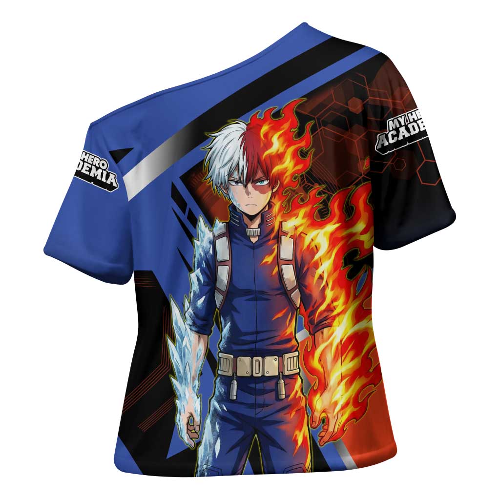 Shoto Todoroki Cross Shoulder Shirt Split Fire and Ice Anime Illustration with Elemental Energy Effects