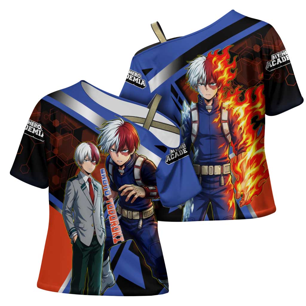 Shoto Todoroki Cross Shoulder Shirt Split Fire and Ice Anime Illustration with Elemental Energy Effects