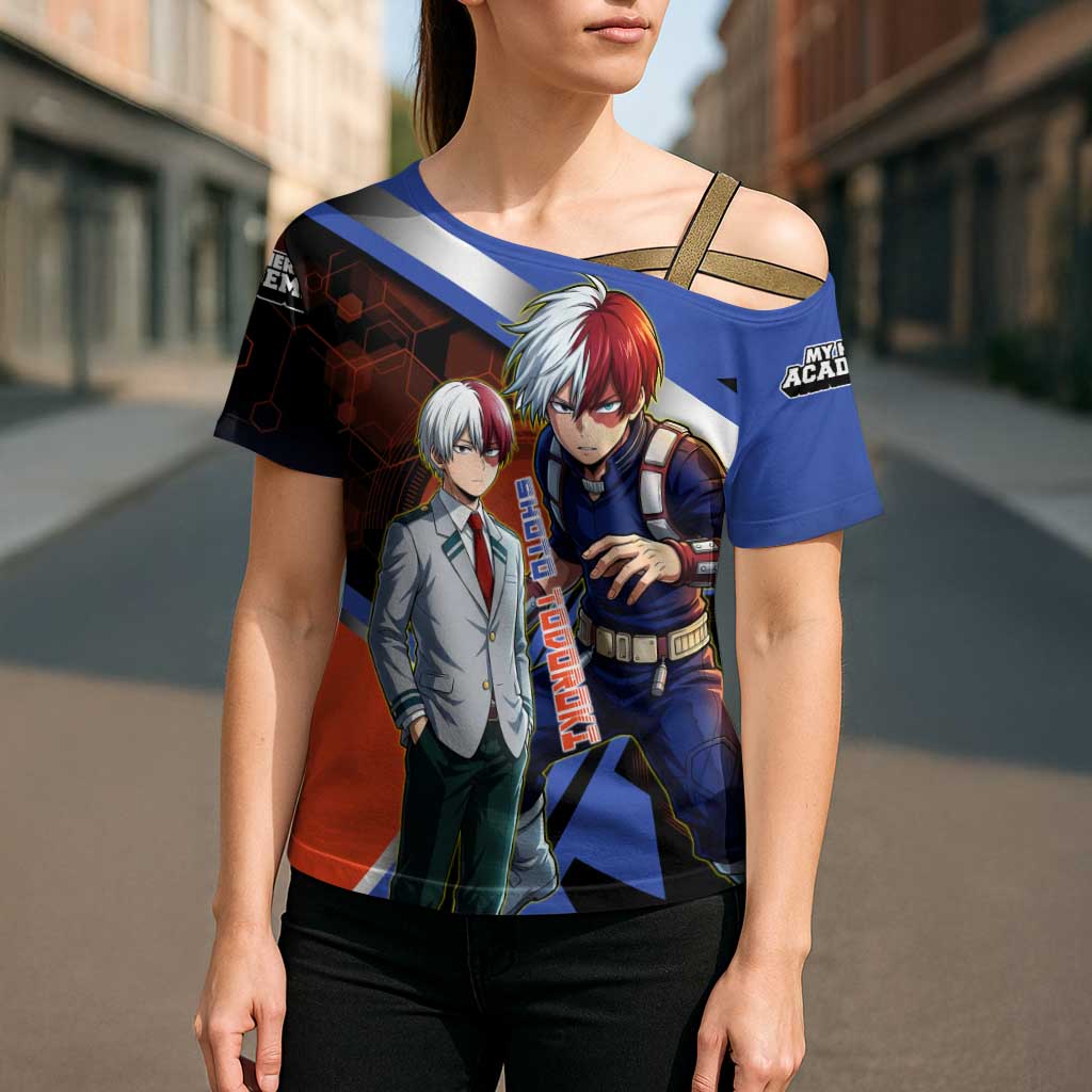 Shoto Todoroki Cross Shoulder Shirt Split Fire and Ice Anime Illustration with Elemental Energy Effects