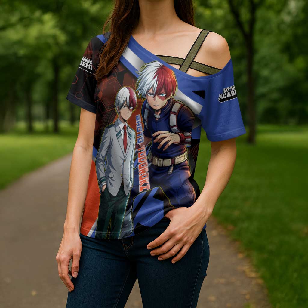 Shoto Todoroki Cross Shoulder Shirt Split Fire and Ice Anime Illustration with Elemental Energy Effects