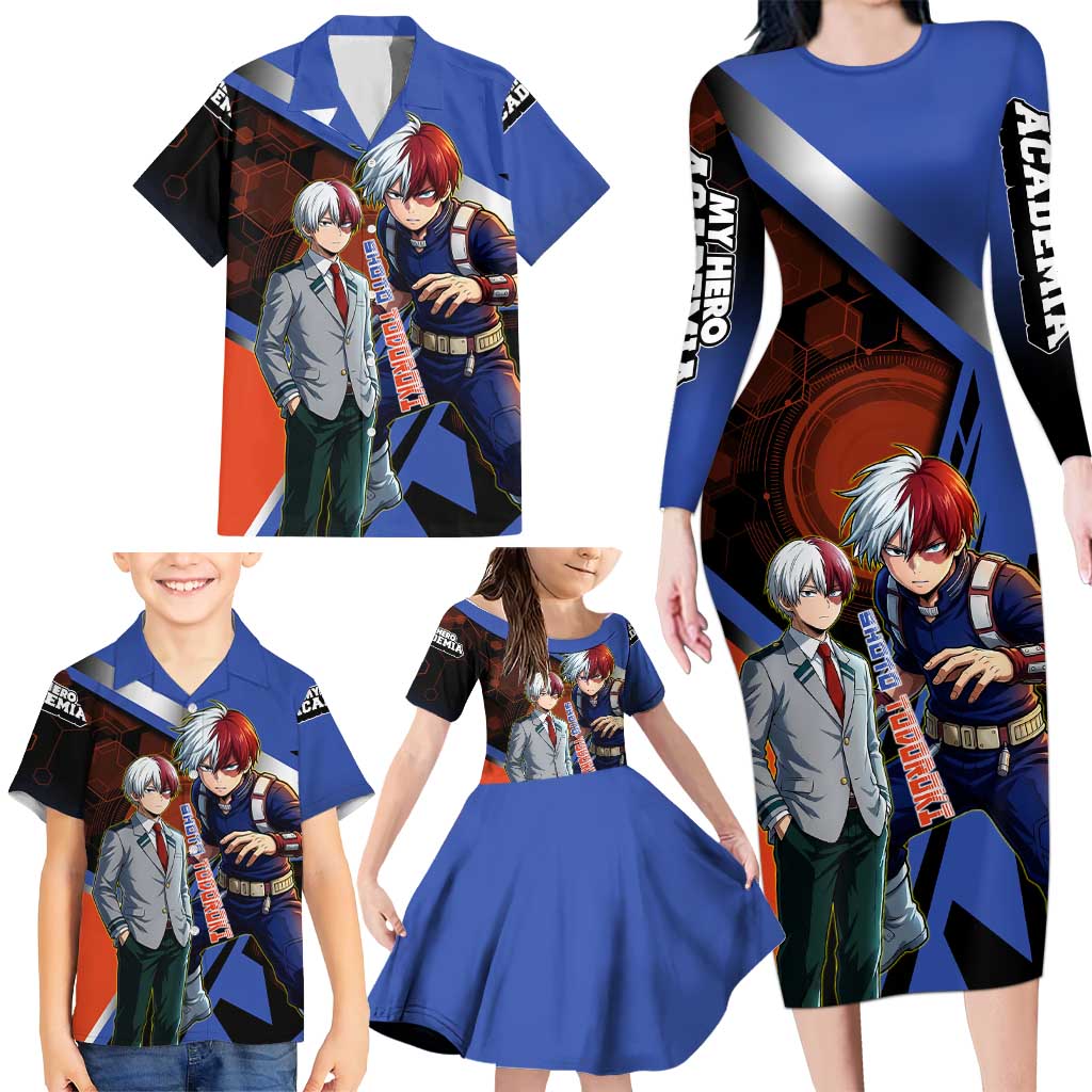 Shoto Todoroki Family Matching Long Sleeve Bodycon Dress and Hawaiian Shirt Split Fire and Ice Anime Illustration with Elemental Energy Effects