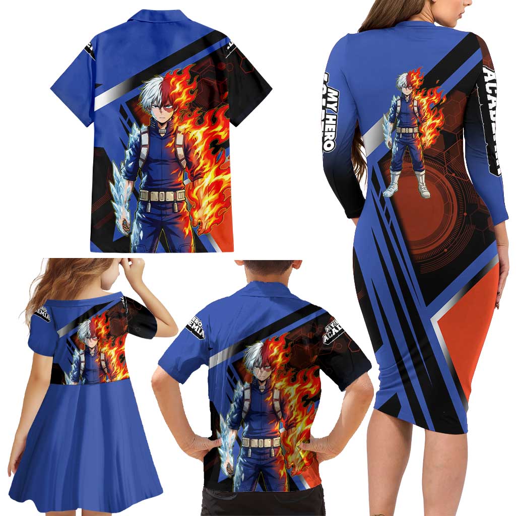 Shoto Todoroki Family Matching Long Sleeve Bodycon Dress and Hawaiian Shirt Split Fire and Ice Anime Illustration with Elemental Energy Effects
