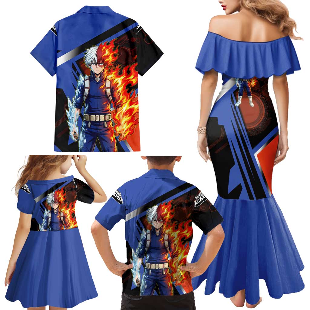 Shoto Todoroki Family Matching Mermaid Dress and Hawaiian Shirt Split Fire and Ice Anime Illustration with Elemental Energy Effects