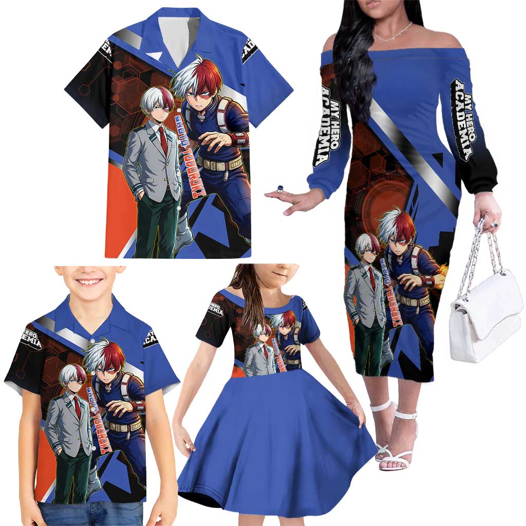 Shoto Todoroki Family Matching Off The Shoulder Long Sleeve Dress and Hawaiian Shirt Split Fire and Ice Anime Illustration with Elemental Energy Effects