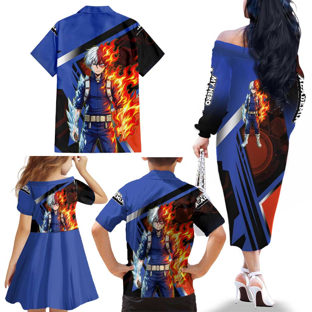 Shoto Todoroki Family Matching Off The Shoulder Long Sleeve Dress and Hawaiian Shirt Split Fire and Ice Anime Illustration with Elemental Energy Effects