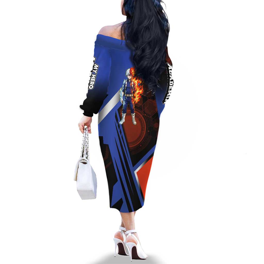 Shoto Todoroki Family Matching Off The Shoulder Long Sleeve Dress and Hawaiian Shirt Split Fire and Ice Anime Illustration with Elemental Energy Effects