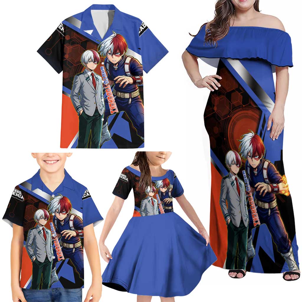 Shoto Todoroki Family Matching Off Shoulder Maxi Dress and Hawaiian Shirt Split Fire and Ice Anime Illustration with Elemental Energy Effects