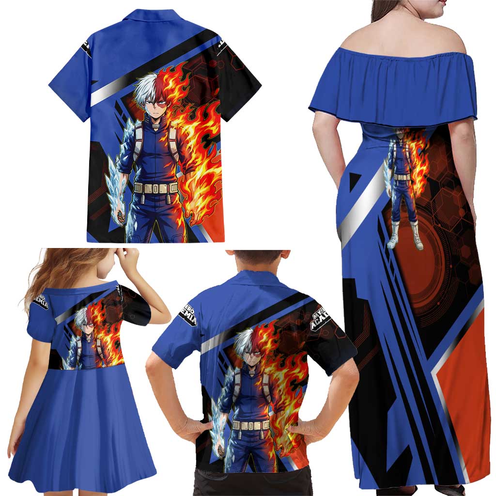 Shoto Todoroki Family Matching Off Shoulder Maxi Dress and Hawaiian Shirt Split Fire and Ice Anime Illustration with Elemental Energy Effects